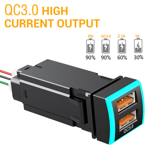 22x22mm QC3.0 Dual USB Port Blue LED Indicator ABS Car Charger Phone Fast Charging Socket Adapter for Toyota (Cigarette Lighter Wiring Connection)