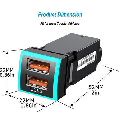 22x22mm QC3.0 Dual USB Port Blue LED Indicator ABS Car Charger Phone Fast Charging Socket Adapter for Toyota (Cigarette Lighter Wiring Connection)