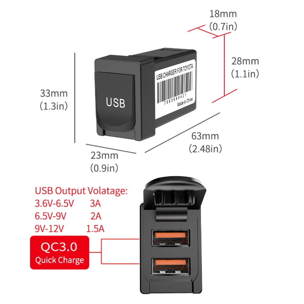 QC3.0 Dual USB Port Car Charger Socket Adapter with Lid Fast Charging Modification Accessory for Toyota (Cigarette Lighter Wiring Connection)