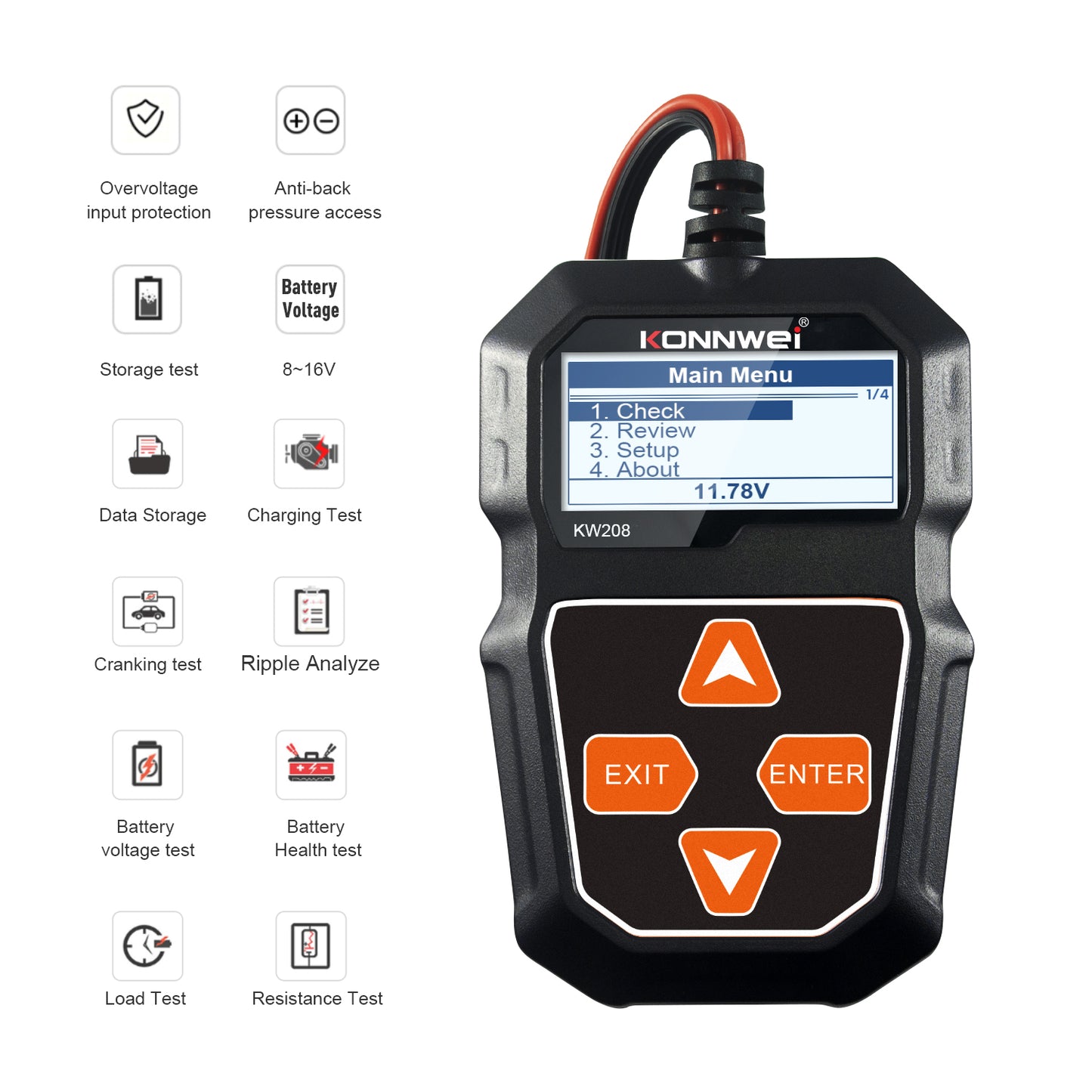 KONNWEI  KW208 Automotive Battery Tester Car Digital 12V 100-2000CCA Cranking Charging System Test Tool