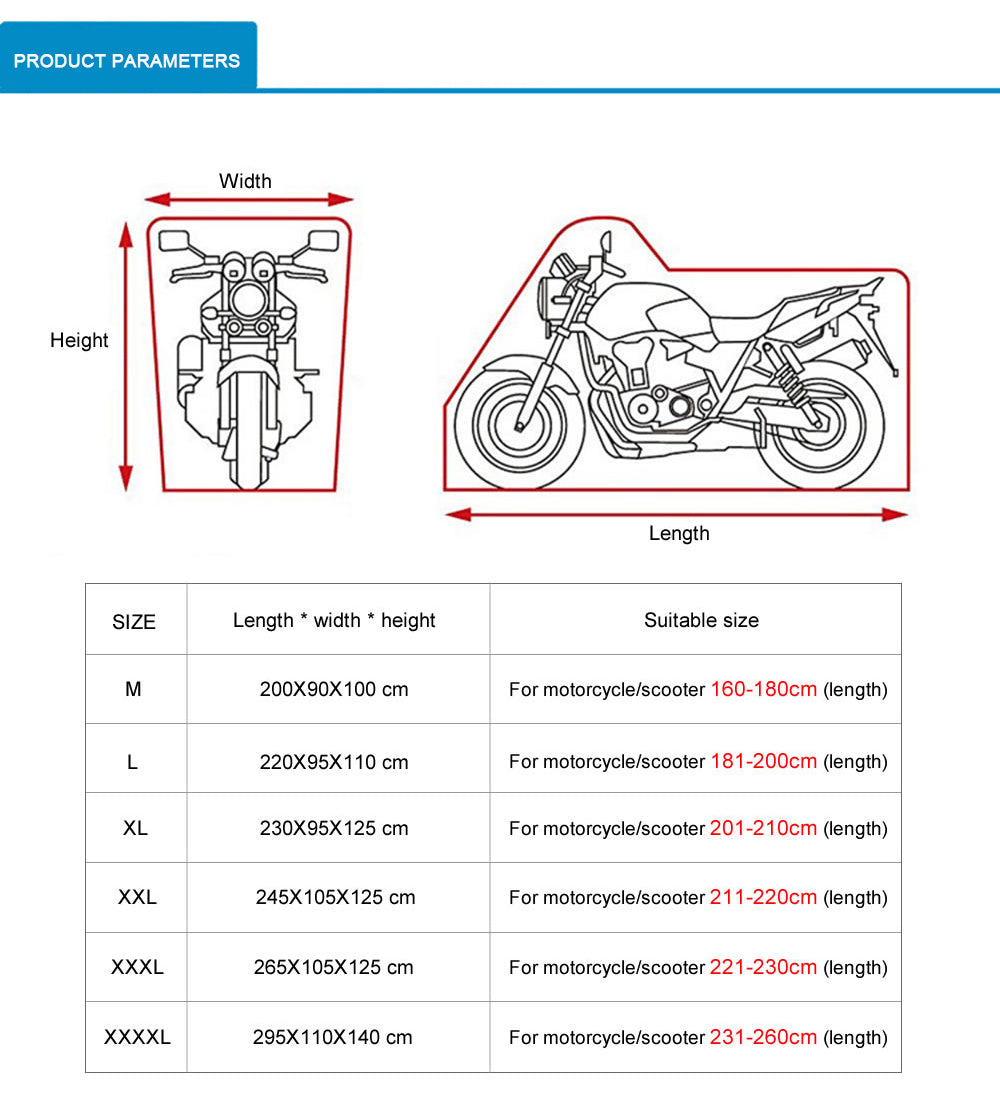 Outdoor Motor Bike Scooter Rain Cover All Season Windproof Dustproof UV Resistant Protector, Size XXXXL: 295x110x140cm