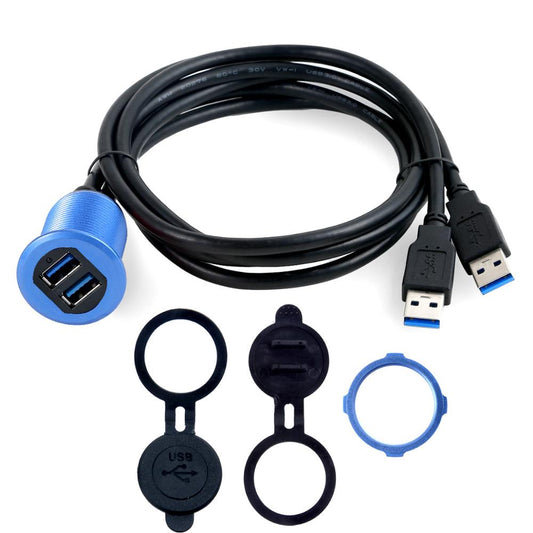 1m Metal Case Dual USB 3.0 Extension Cable Waterproof Car Dashboard Data Cable Mount Panel with LED for Ship/Motorbike/Car Dashboard