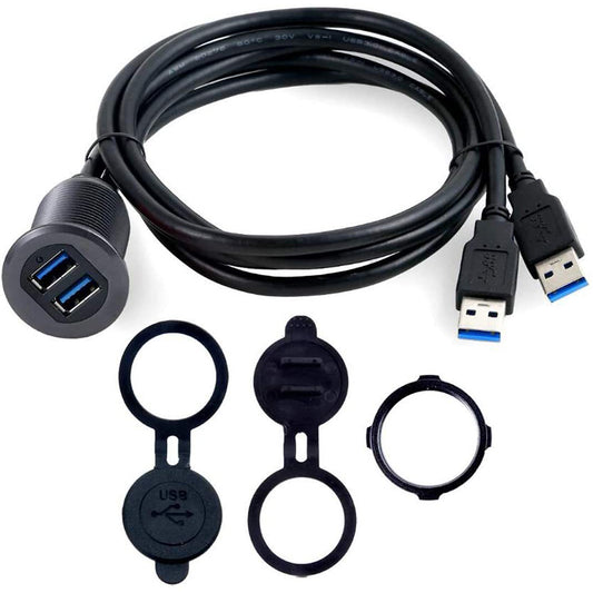 1m Metal Case Dual USB 3.0 Extension Cable Waterproof Car Dashboard Data Cable Mount Panel with LED for Ship/Motorbike/Car Dashboard