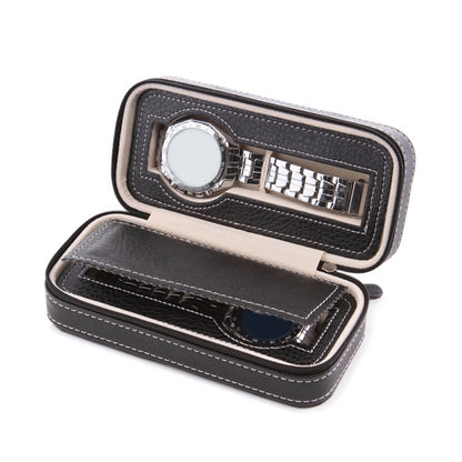 2 Grids Watch Storage Box Leather Zipper Portable Watch Case