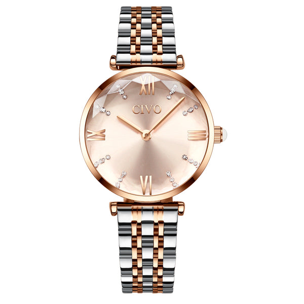 CIVO 8095 Fashion Women Shiny Rhinestone Decor Analogue Quartz Watch Stainless Steel Strap Wrist Watch