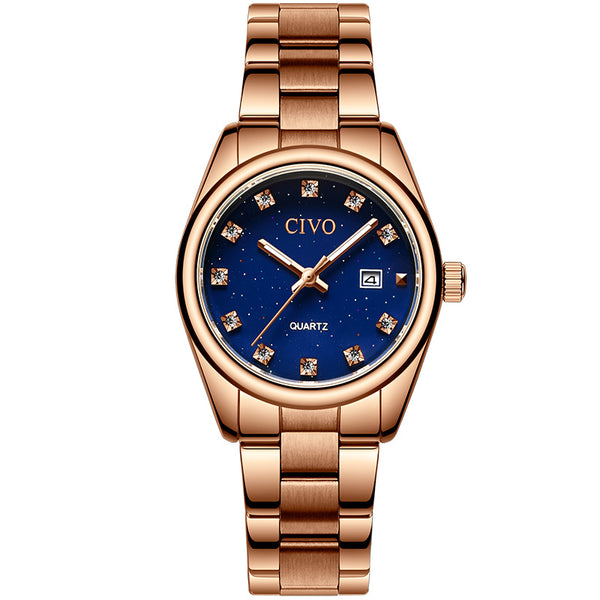 CIVO 8126 Classic Women Quartz Watch Rhinestone Decor Date Analogue Stainless Steel Strap Wristwatch