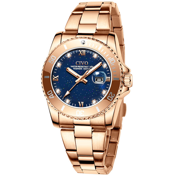 CIVO 8125 Date Display Roman Number Rhinestone Analogue Quartz Watch Stainless Steel Strap Women Wrist Watch