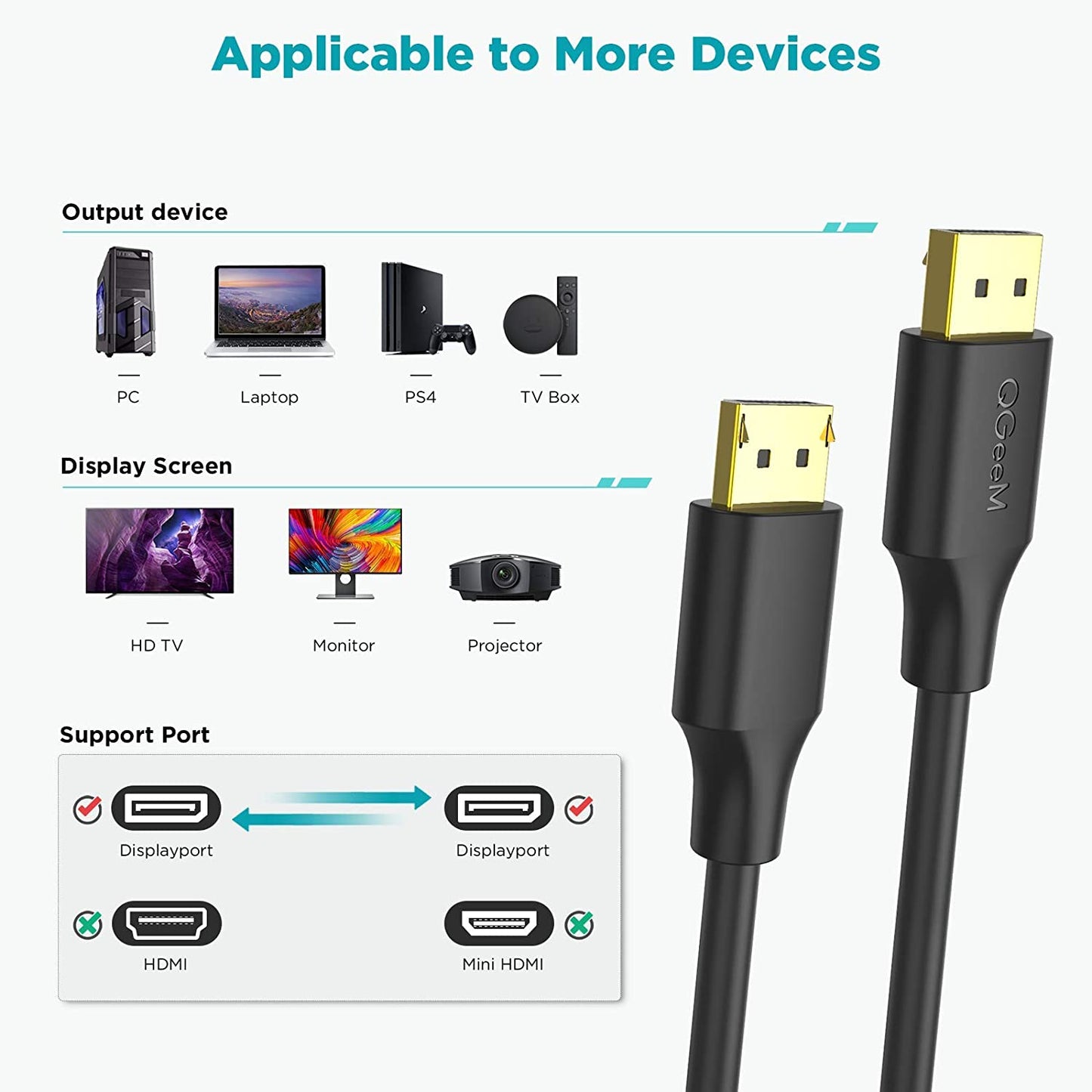 QGEEM QG-HD16 1m DP to DP Cable 4K/60Hz HD Video Adapter Cable for HDTV Monitor Projector