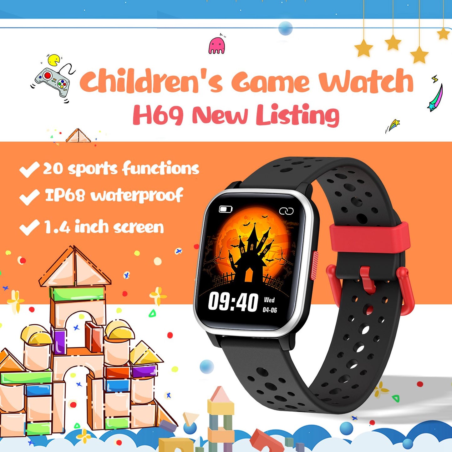 H69 Kid Smart Watch with Heart Rate Sleep Monitoring Anti-lost Waterproof Bracelet Support Music, Take Photo, Games