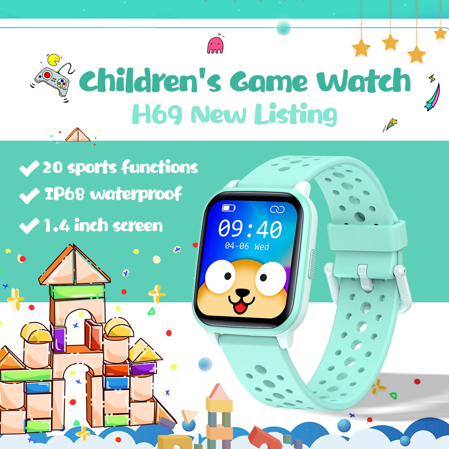 H69 Kid Smart Watch with Heart Rate Sleep Monitoring Anti-lost Waterproof Bracelet Support Music, Take Photo, Games