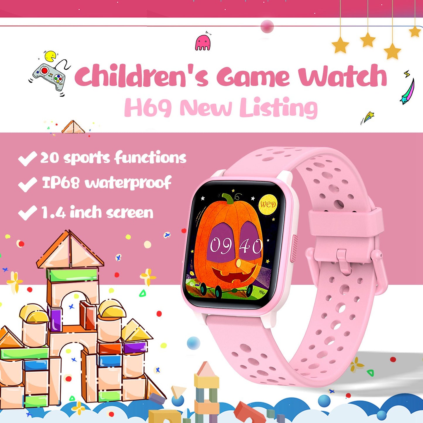 H69 Kid Smart Watch with Heart Rate Sleep Monitoring Anti-lost Waterproof Bracelet Support Music, Take Photo, Games