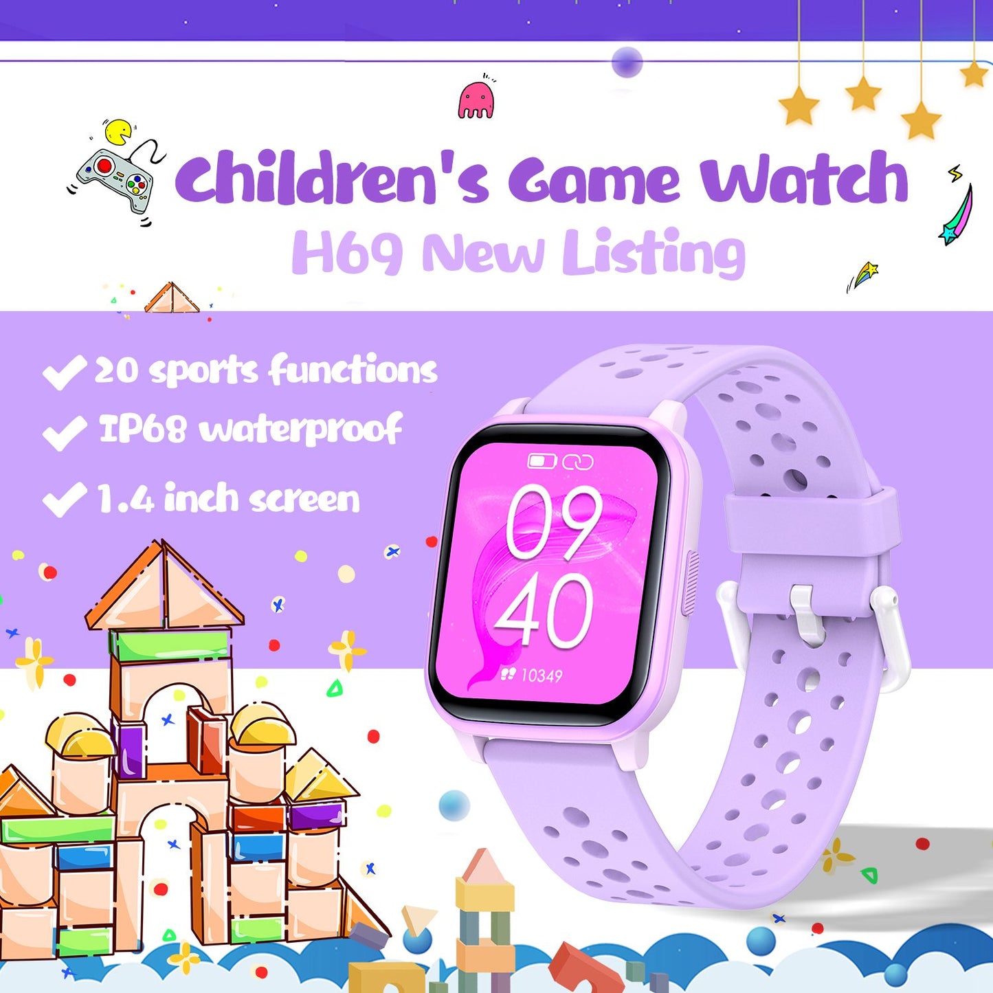 H69 Kid Smart Watch with Heart Rate Sleep Monitoring Anti-lost Waterproof Bracelet Support Music, Take Photo, Games