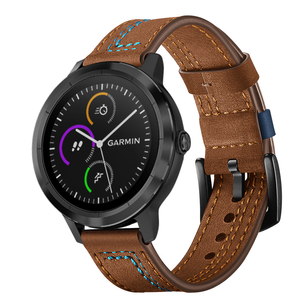 20mm Stitching Design Genuine Leather Wrist Band Strap Replacement for Garmin Vivoactive3 / VivomoveHR