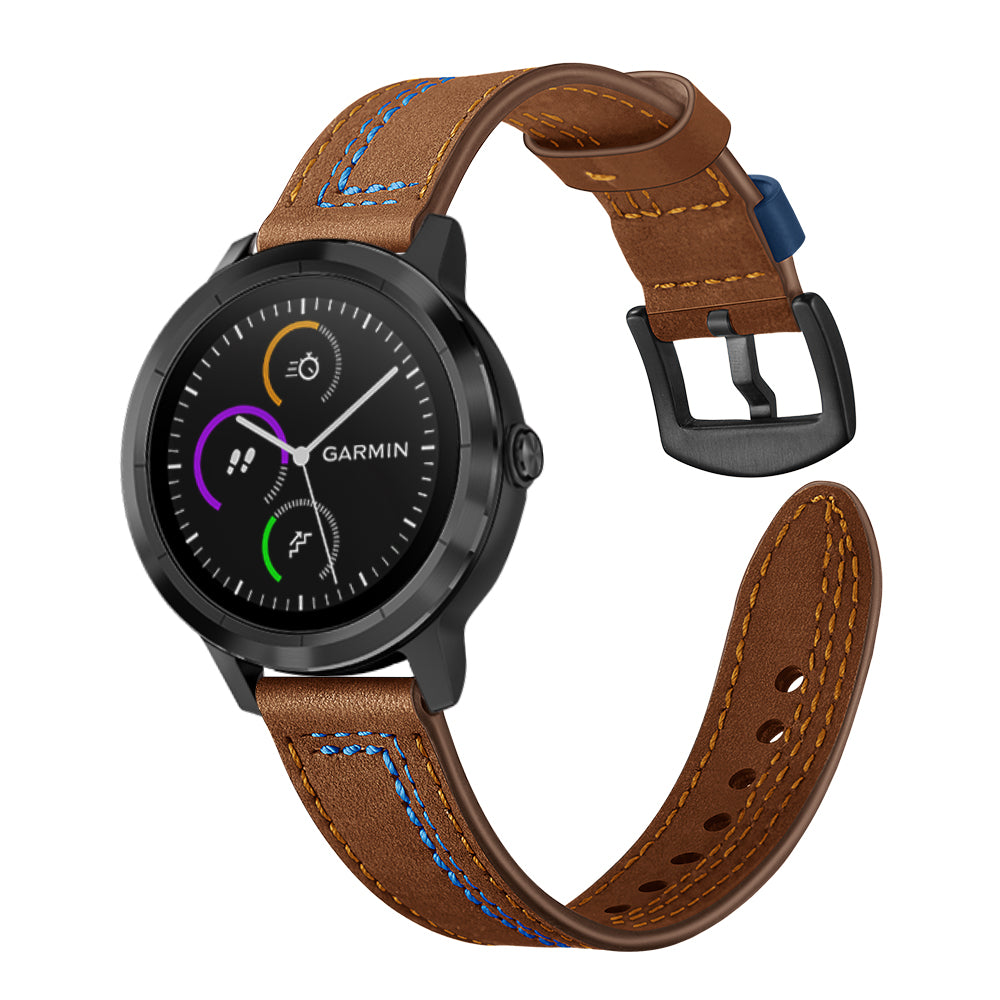 20mm Stitching Design Genuine Leather Wrist Band Strap Replacement for Garmin Vivoactive3 / VivomoveHR