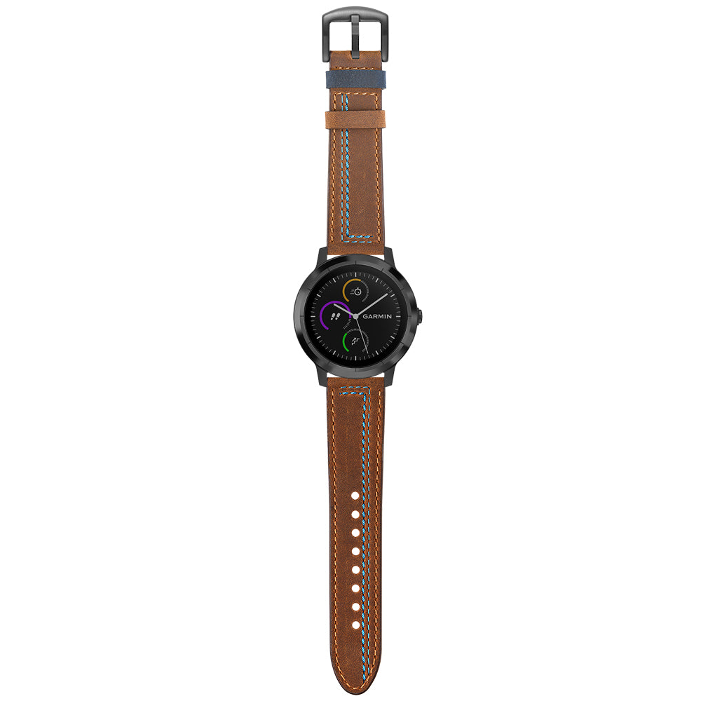 20mm Stitching Design Genuine Leather Wrist Band Strap Replacement for Garmin Vivoactive3 / VivomoveHR