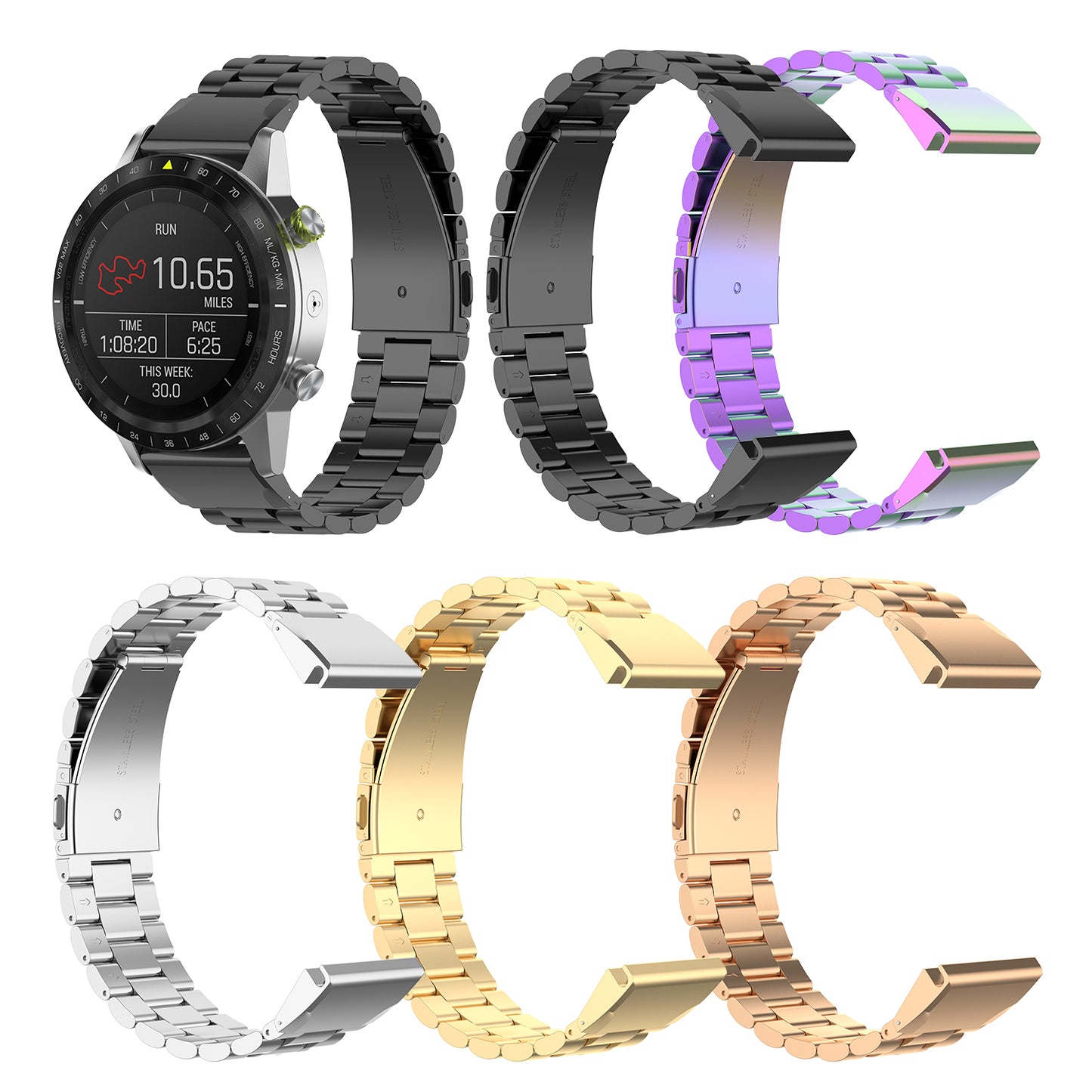 20mm Three Beads Stainless Steel Watch Band Replacement Watch Strap for Garmin Fenix 6S