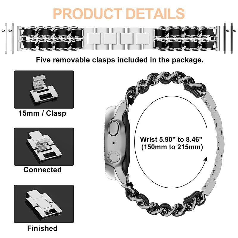 22mm Stainless Steel + PU Leather Chain Watch Band Wrist Strap for Samsung Galaxy Watch3 45mm