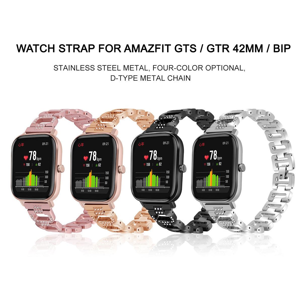 For Huawei Watch GT 2e Samsung Galaxy Watch 46mm Universal 22mm Rhinestone Decorative D-chain Watch Strap Stainless Steel Watchband
