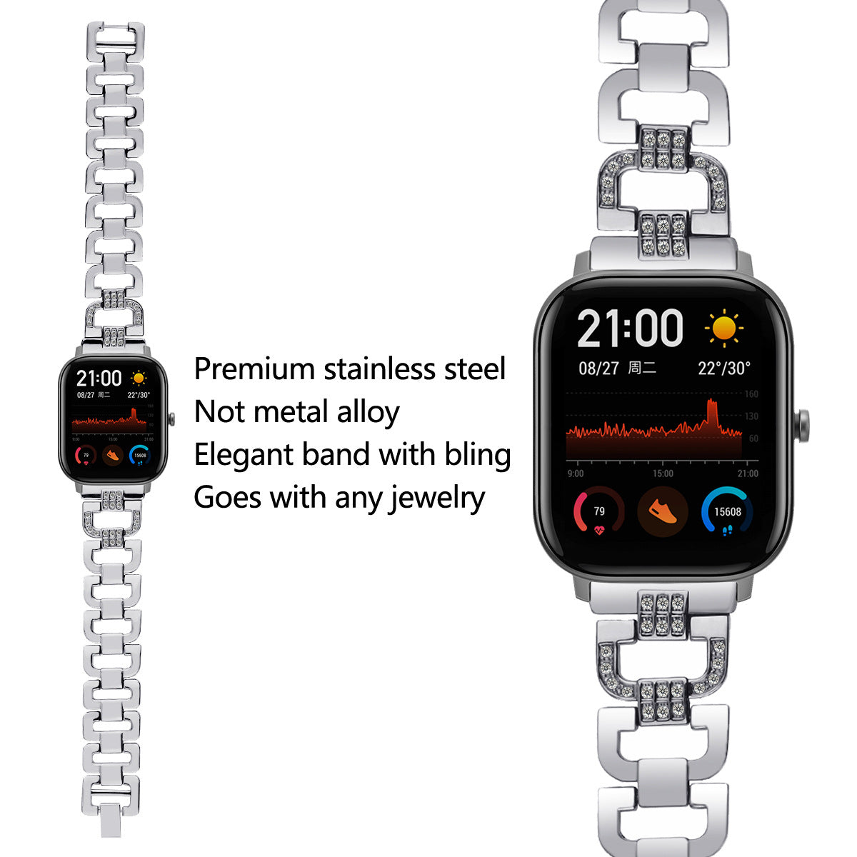 For Huawei Watch GT 2e Samsung Galaxy Watch 46mm Universal 22mm Rhinestone Decorative D-chain Watch Strap Stainless Steel Watchband