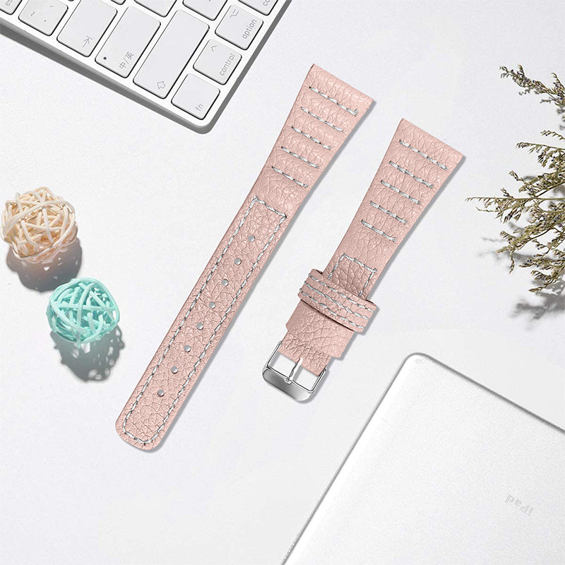 For Pebble 2/Time Round Top Layer Genuine Leather Watch Band Wave Stitching Lines Wrist Strap