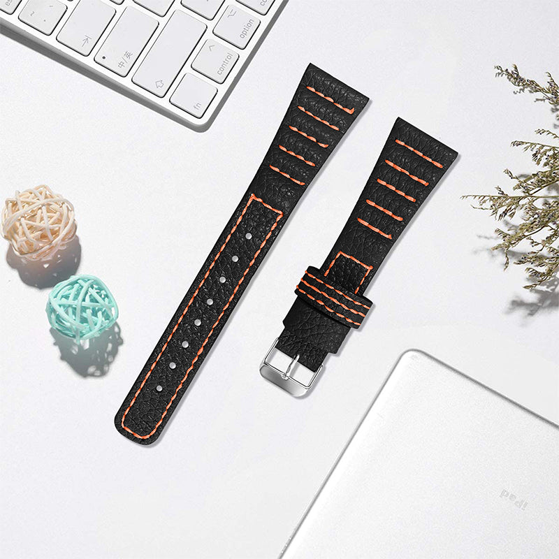 For Pebble 2/Time Round Top Layer Genuine Leather Watch Band Wave Stitching Lines Wrist Strap