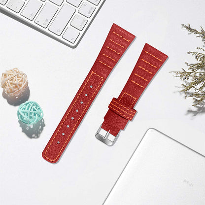 For Pebble 2/Time Round Top Layer Genuine Leather Watch Band Wave Stitching Lines Wrist Strap