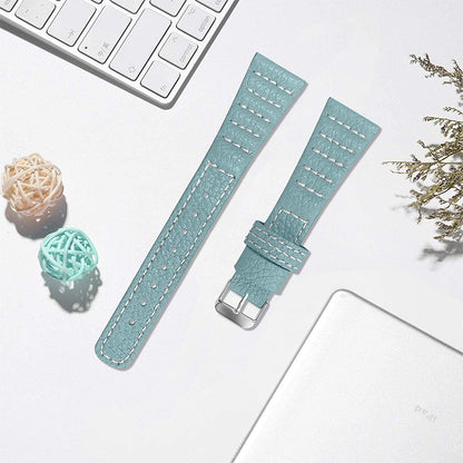 For Pebble 2/Time Round Top Layer Genuine Leather Watch Band Wave Stitching Lines Wrist Strap