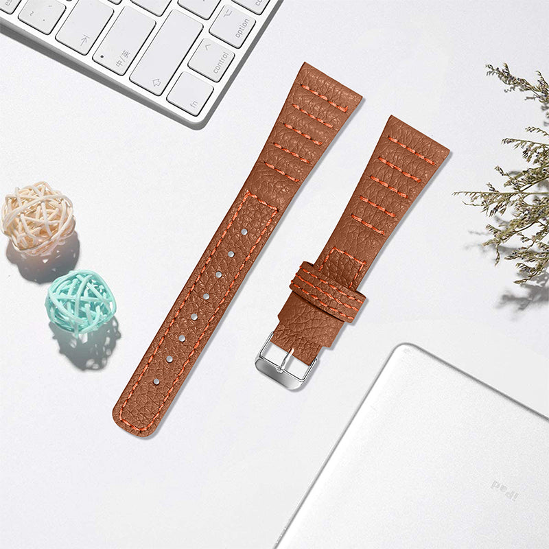 For Pebble 2/Time Round Top Layer Genuine Leather Watch Band Wave Stitching Lines Wrist Strap
