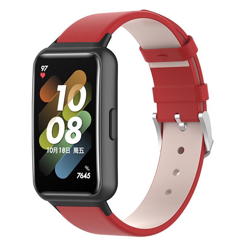 For Huawei Band 7 Genuine Leather Watch Band Replacement Strap with Metal Silver Buckle