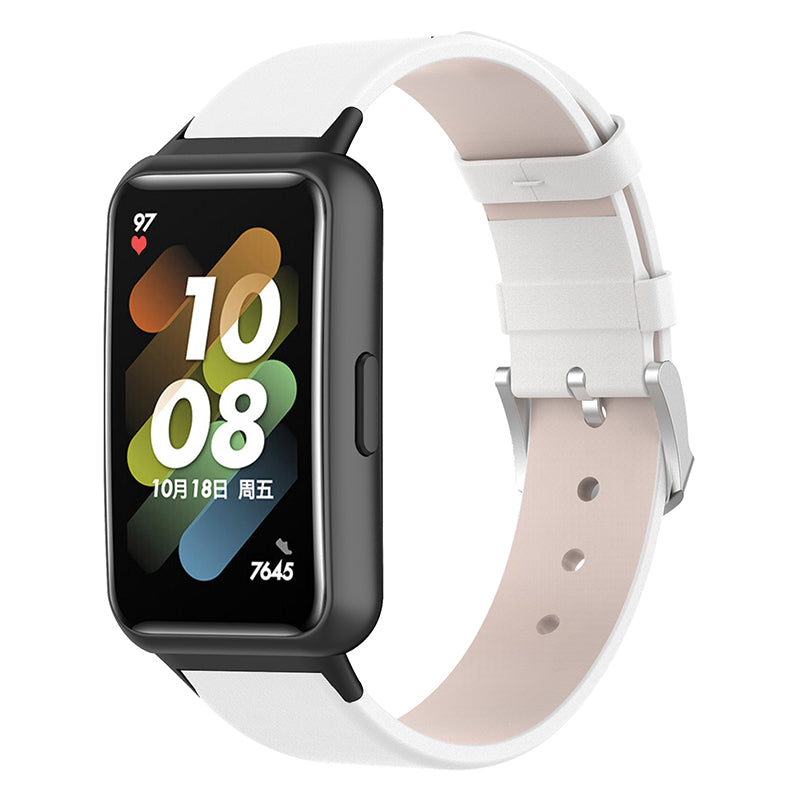 For Huawei Band 7 Genuine Leather Watch Band Replacement Strap with Metal Silver Buckle