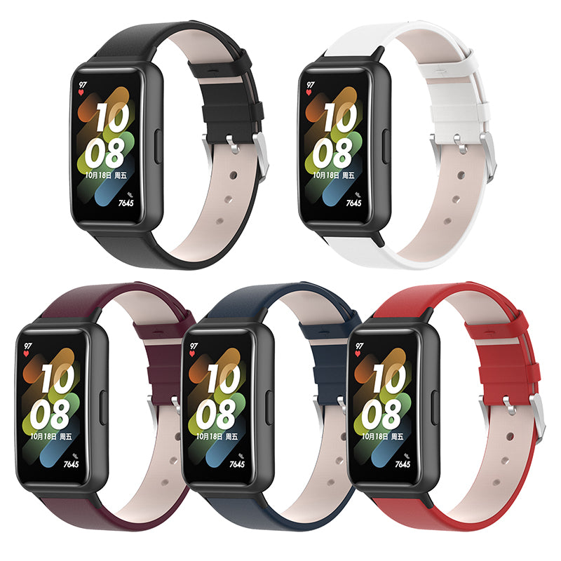 For Huawei Band 7 Genuine Leather Watch Band Replacement Strap with Metal Silver Buckle