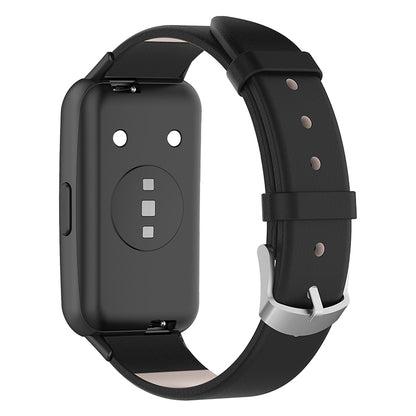 For Huawei Band 7 Genuine Leather Watch Band Replacement Strap with Metal Silver Buckle