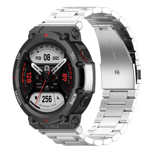 For Huami Amazfit T-Rex 2 Three-bead Wrist Strap Stainless Steel Anti-wear Smart Watch Band with Foldable Buckle