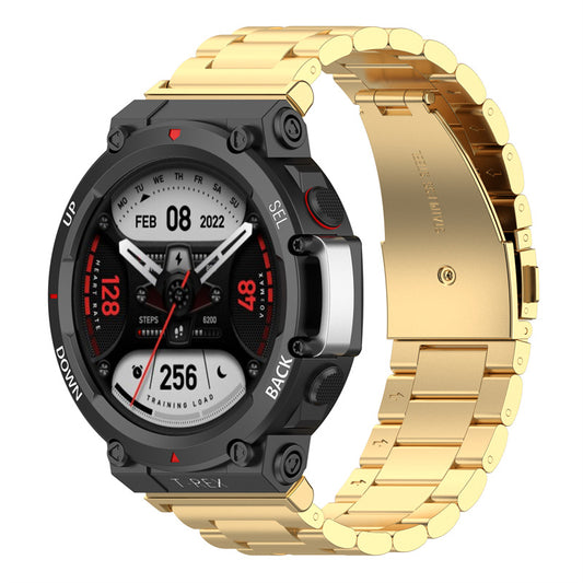 For Huami Amazfit T-Rex 2 Smart Watch Band Three-bead Stainless Steel Wrist Strap with Foldable Buckle