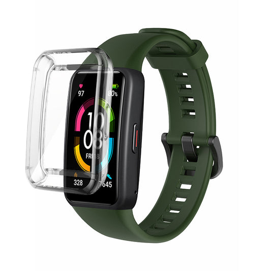 For Huawei Band 6 Soft Silicone Sports Wristband with Transparent TPU Case Full Around Bumper Frame Cover