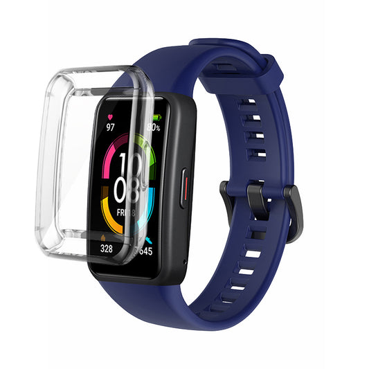 For Huawei Band 6 Soft Silicone Sports Wristband with Transparent TPU Case Full Around Bumper Frame Cover
