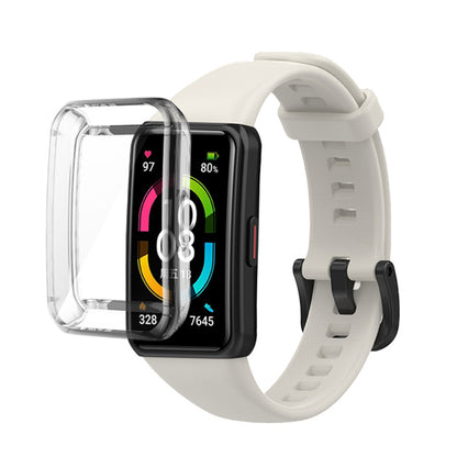For Huawei Band 6 Soft Silicone Sports Wristband with Transparent TPU Case Full Around Bumper Frame Cover
