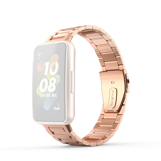 For Huawei Band 7 Three Beads Stainless Steel Anti-scratch Smart Watch Band Replacement Wrist Strap