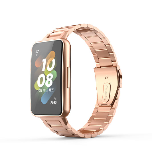 For Huawei Band 7 Three Beads Stainless Steel Anti-scratch Smart Watch Band Replacement Wrist Strap