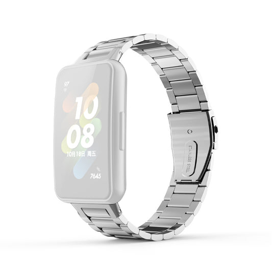 For Huawei Band 7 Three Beads Watch Band Replacement Stainless Steel Anti-scratch Wrist Strap
