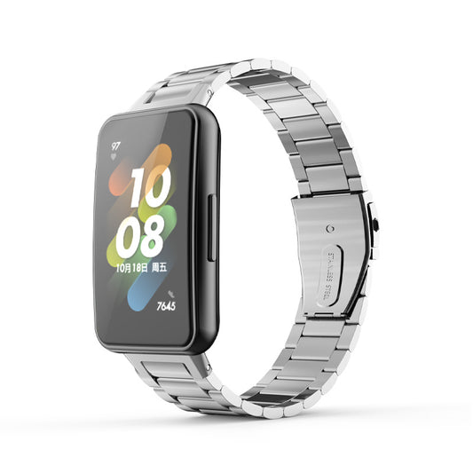 For Huawei Band 7 Three Beads Watch Band Replacement Stainless Steel Anti-scratch Wrist Strap
