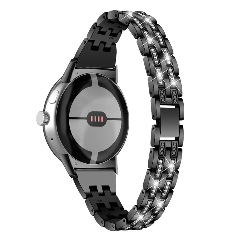 2 Rows Rhinestone Decor Watch Band for Google Pixel Watch, 5 Beads Metal Wrist Strap Replacement