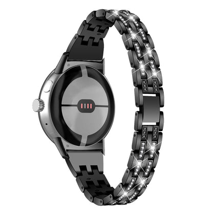 2 Rows Rhinestone Decor Watch Band for Google Pixel Watch, 5 Beads Metal Wrist Strap Replacement