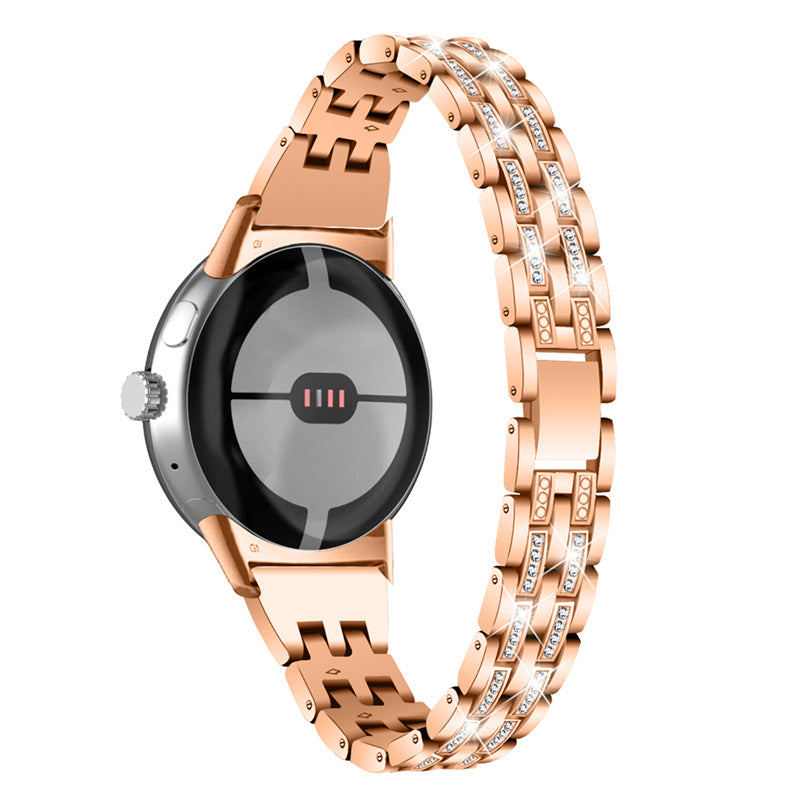 2 Rows Rhinestone Decor Watch Band for Google Pixel Watch, 5 Beads Metal Wrist Strap Replacement