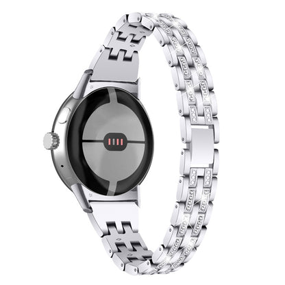 2 Rows Rhinestone Decor Watch Band for Google Pixel Watch, 5 Beads Metal Wrist Strap Replacement