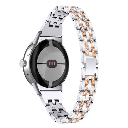 2 Rows Rhinestone Decor Watch Band for Google Pixel Watch, 5 Beads Metal Wrist Strap Replacement