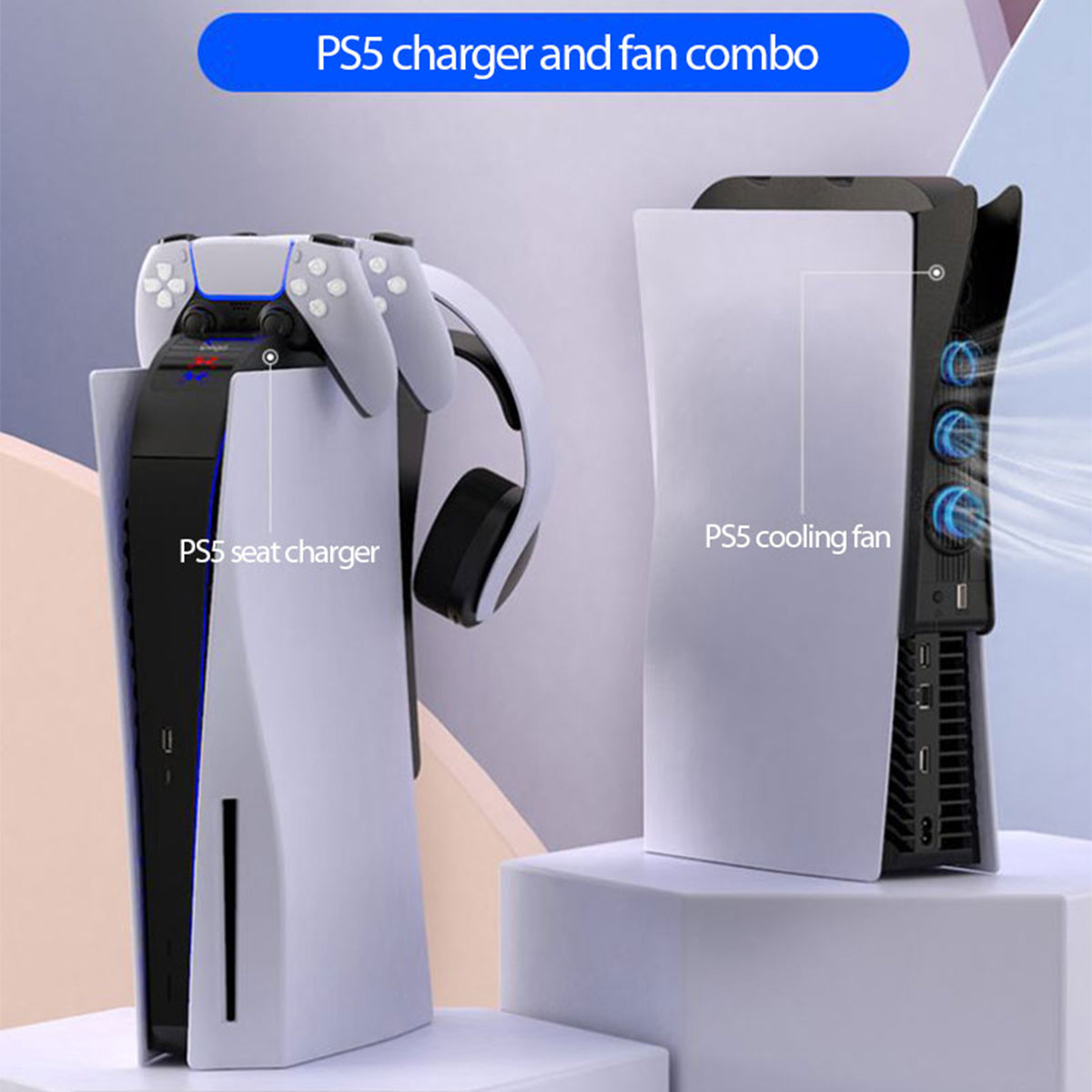 IPEGA PG-P5015 2 in 1 for PS5 Dual Controller Charging Stand with Cooling Fan Headset Storage Rack