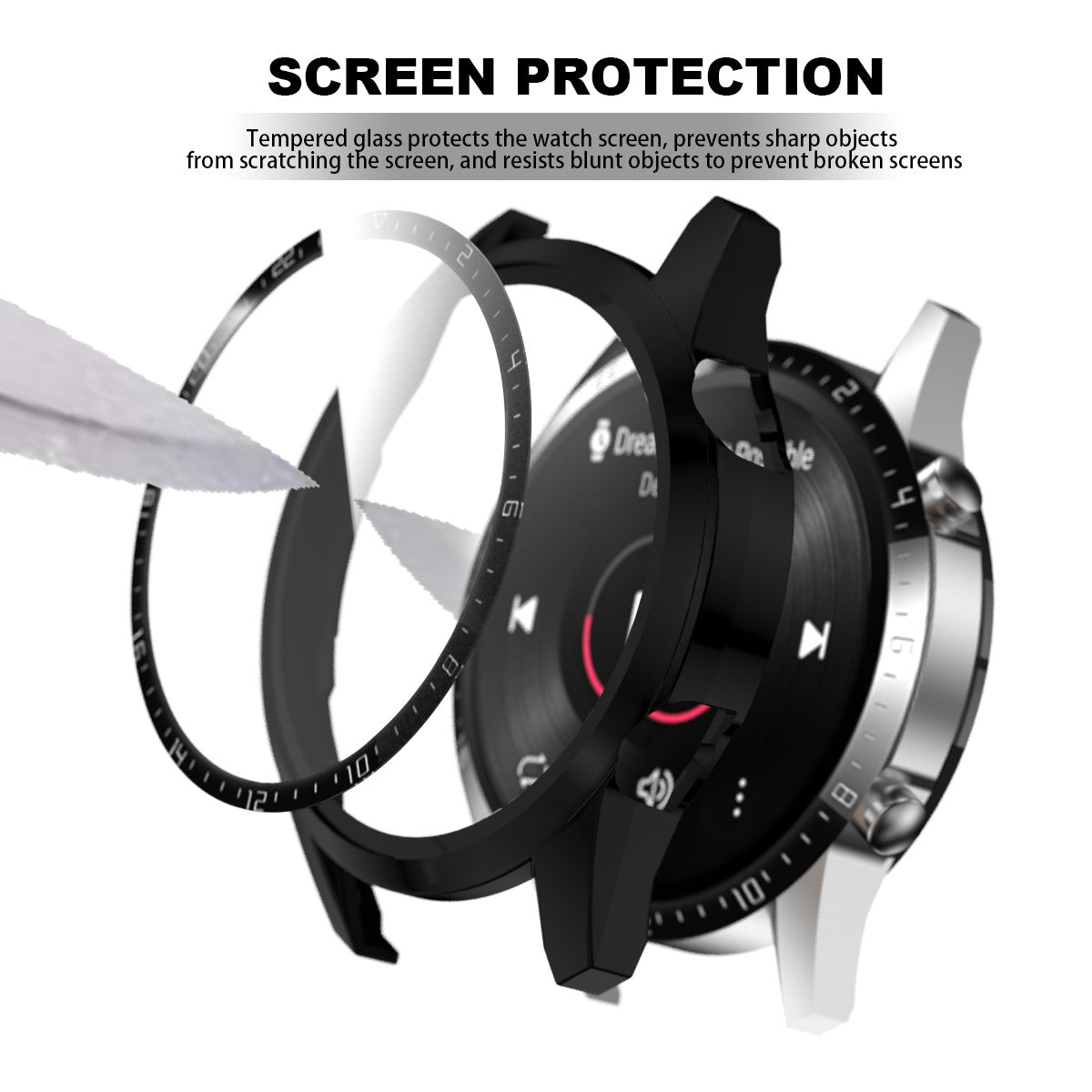 For Huawei Watch GT 2 46mm Stylish Electroplating PC Watch Cover Case with Tempered Glass Screen Protector with Dial Plate