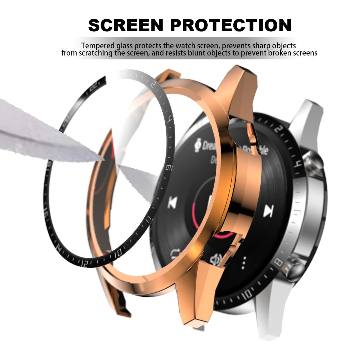 For Huawei Watch GT 2 46mm Stylish Electroplating PC Watch Cover Case with Tempered Glass Screen Protector with Dial Plate