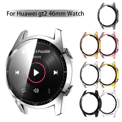 For Huawei Watch GT 2 46mm Stylish Electroplating PC Watch Cover Case with Tempered Glass Screen Protector with Dial Plate